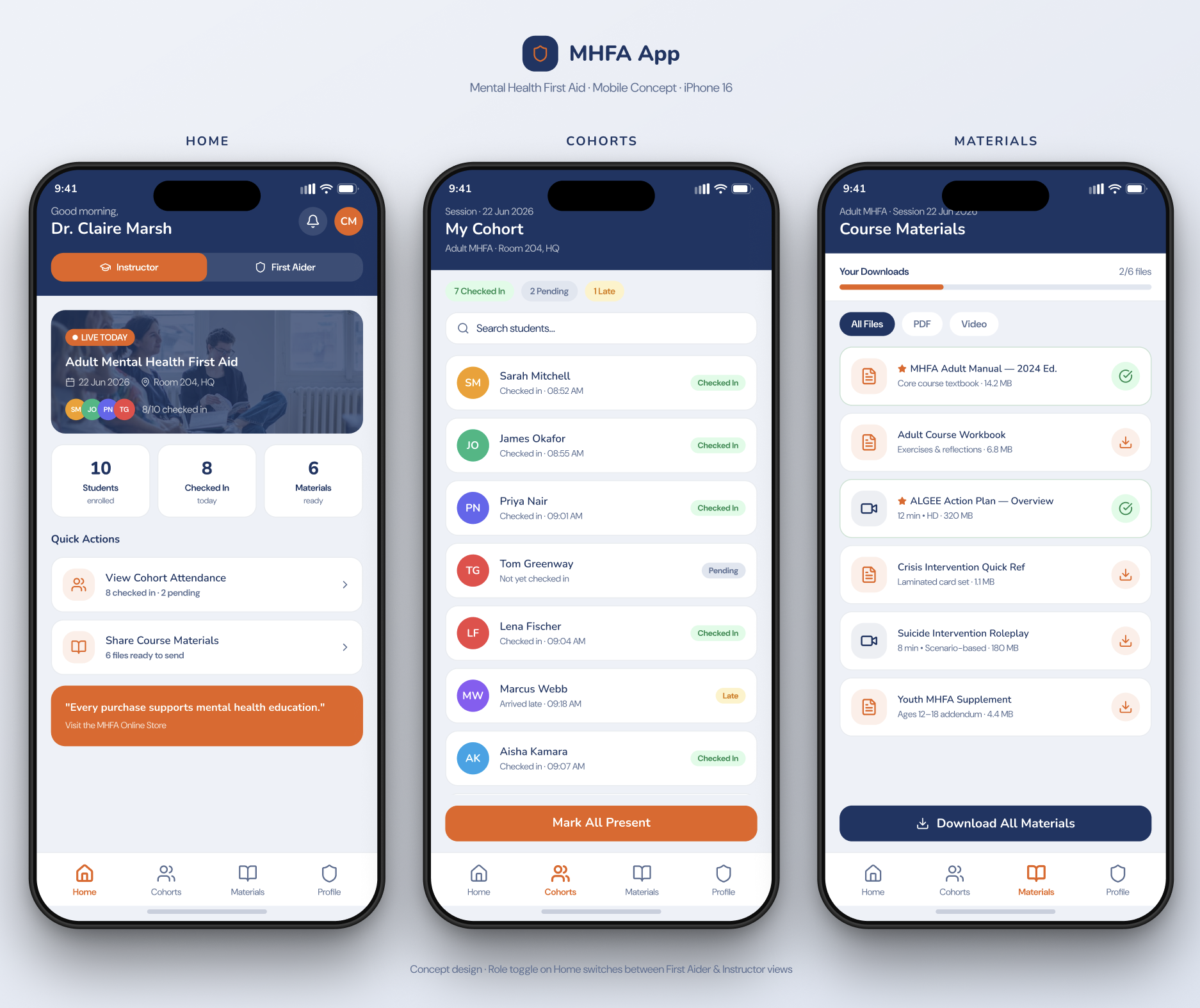 MHFA storefront, made responsive across desktop, tablet, and iPhone 16